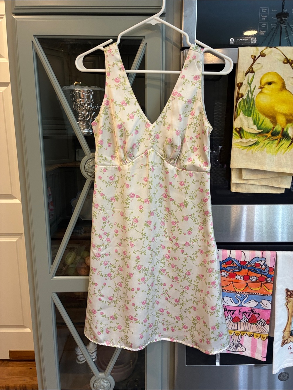 Jessica Simpson Floral Satin Slip Dress - Pink/Green on Cream small coquette